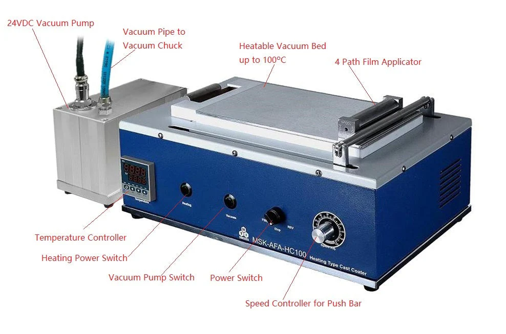 Mini Tape Casting Coater w/ Heat-able Vacuum Bed ( 130Wx200L mm, 100C Max) & Vacuum Pump. - MSK-AFA-HC100